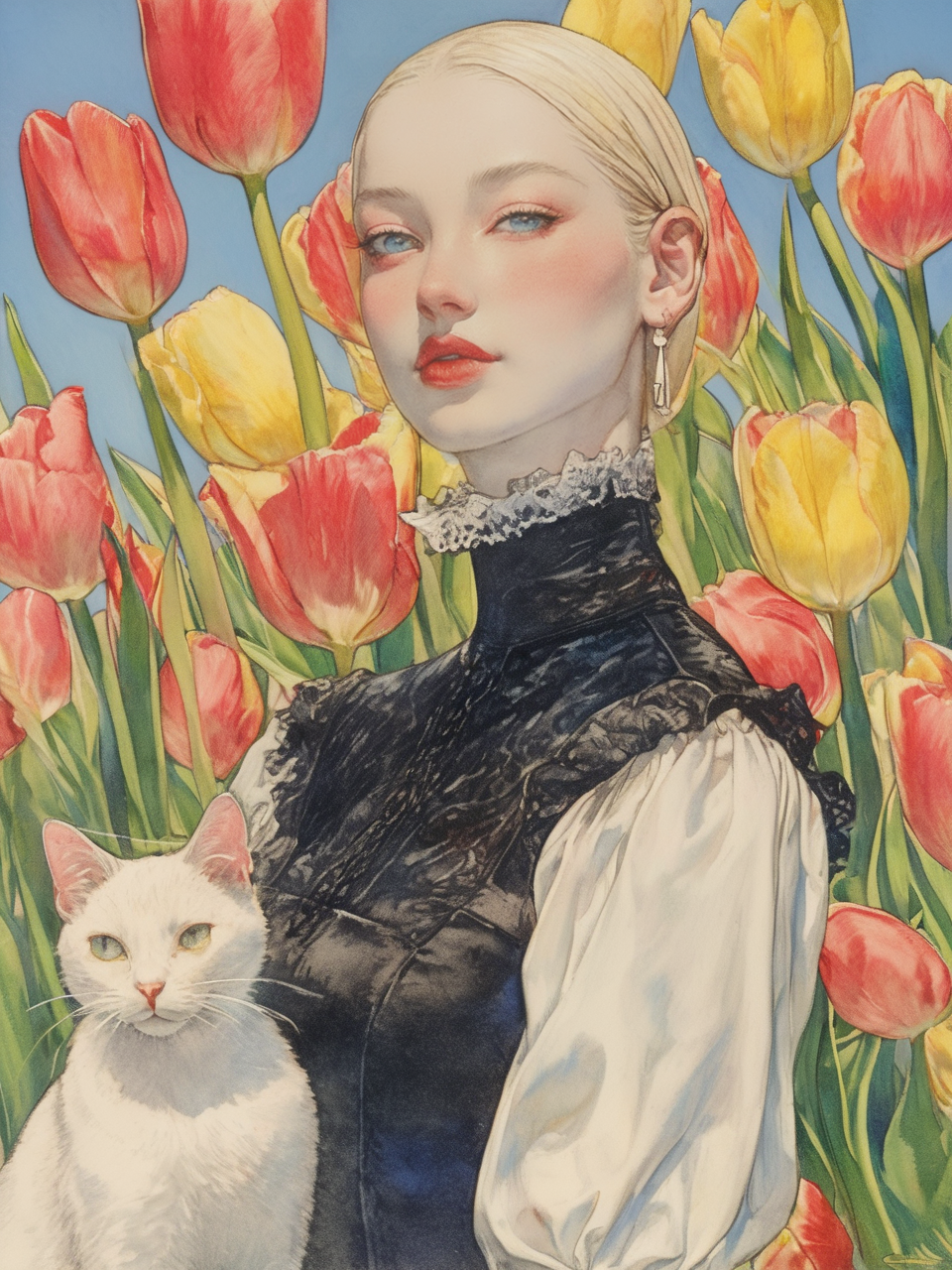 05936-508444183-A person with blonde hair tied back,wearing a black and white outfit with a high lace collar,stands among pink tulips. They are.png